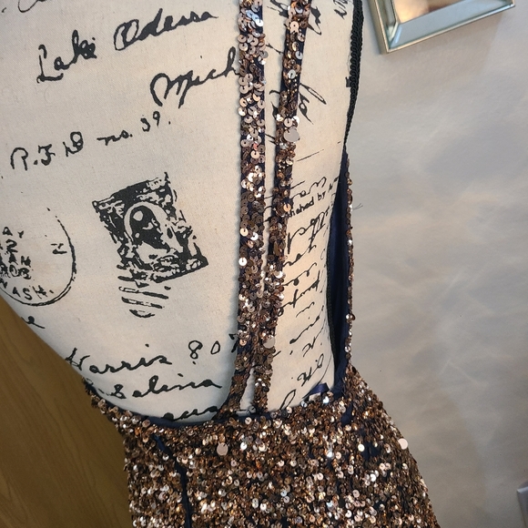 NWT Aleta rose gold navy sequin slit one shoulder prom pageant formal dress - Picture 5 of 6